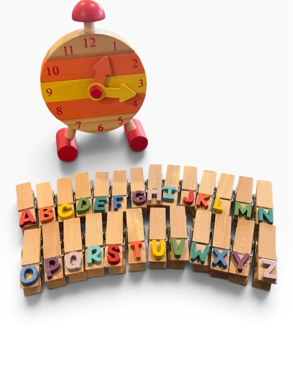 Montessori Inspired Wood Educational Set w/ Alphabet Clothespins & Clock Puzzle